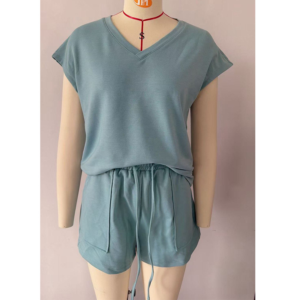 V-Neck Short Sleeve Tee and Shorts Two-Piece Set