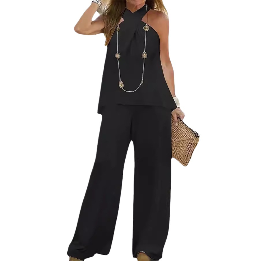 Women's Sleeveless Halter Two-Piece Set with Wide-Leg Pants