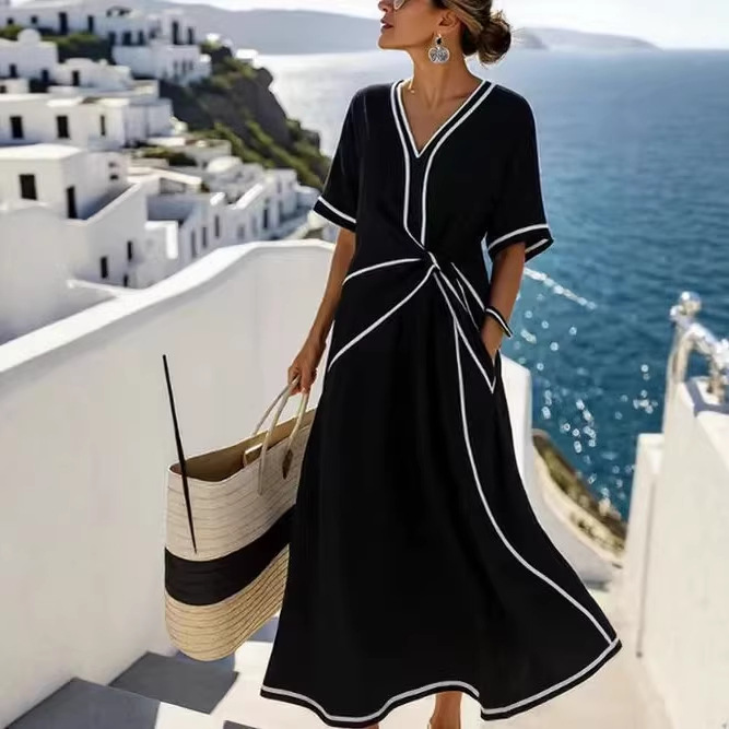 Bohemian V-Neck Long Dress with Contrast Trim