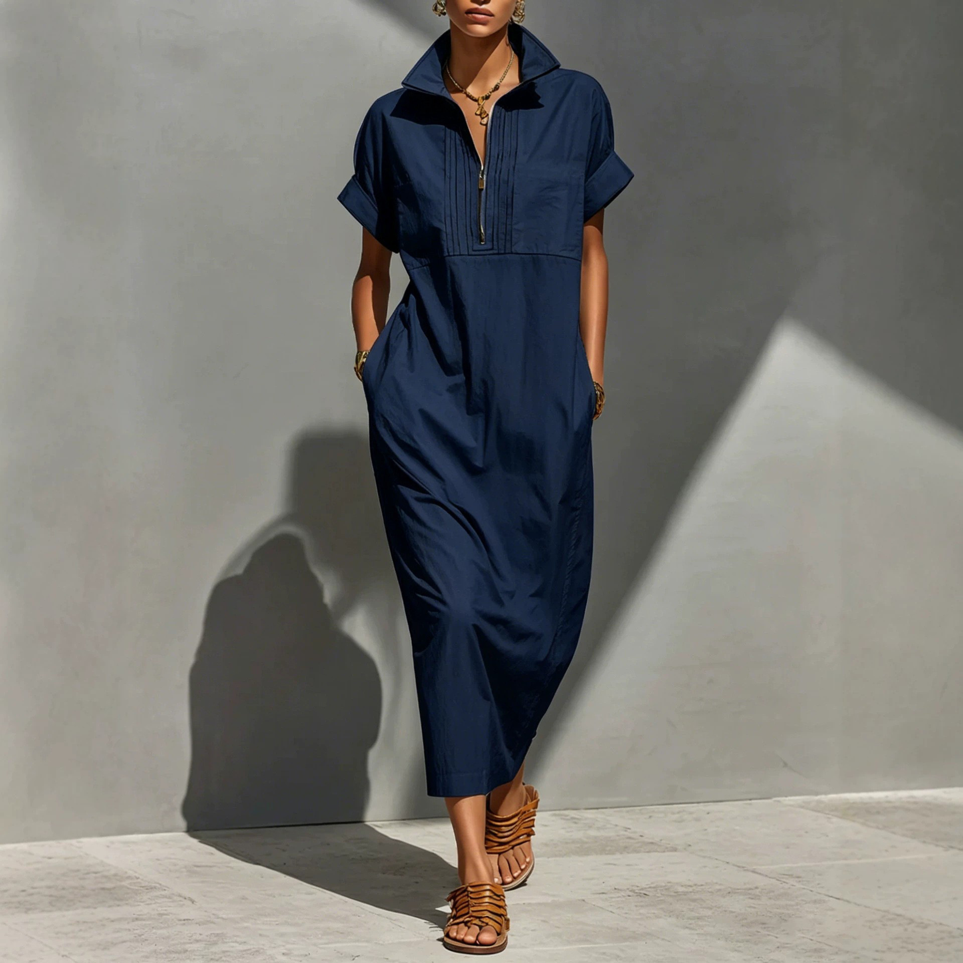 Women's Shirt-Style Jumpsuit with Stand Collar, Half Placket, Pockets, Loose Fit, Midi Length