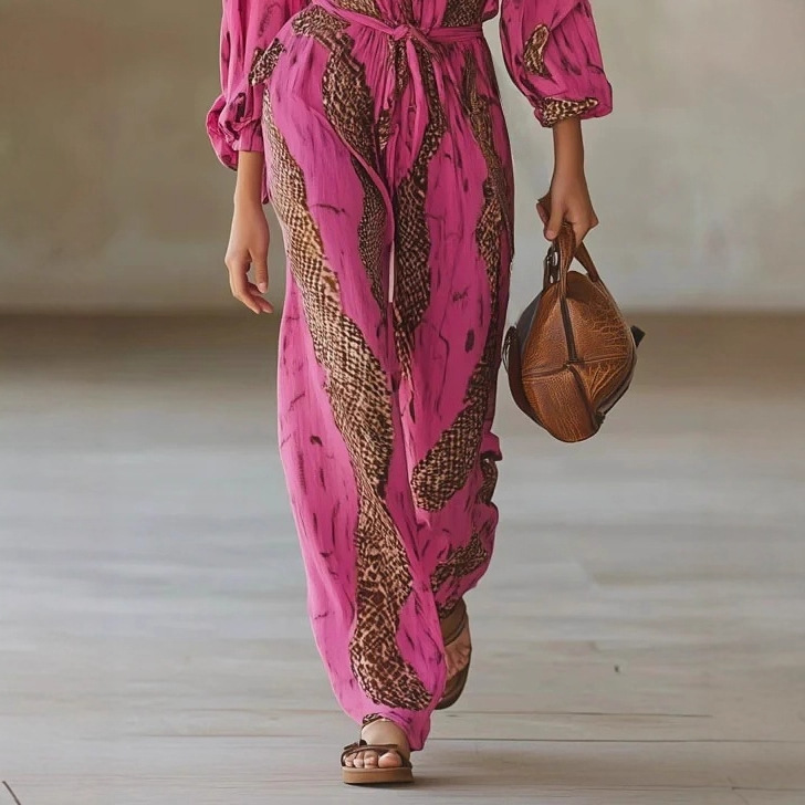 V-Neck Long Sleeve Digital Print Casual Jumpsuit