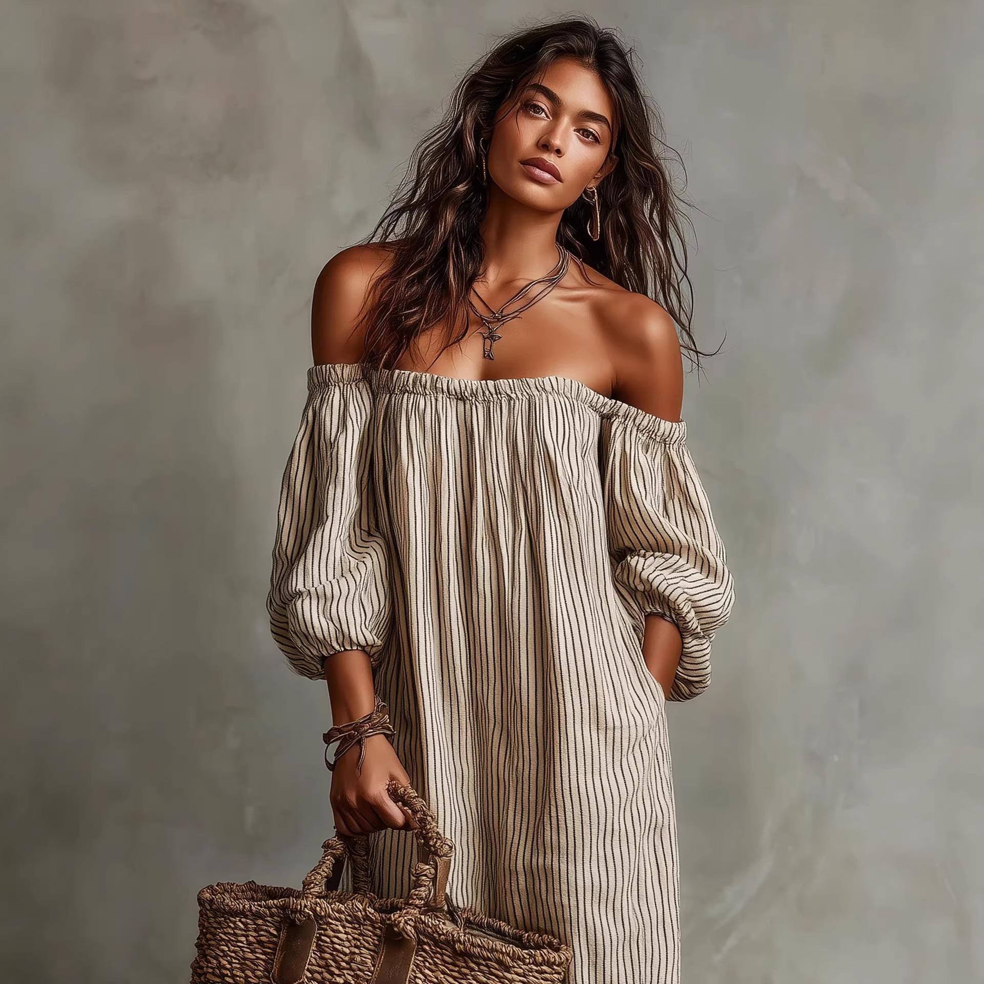 Striped Off-Shoulder Linen-Blend A-Line Maxi Dress