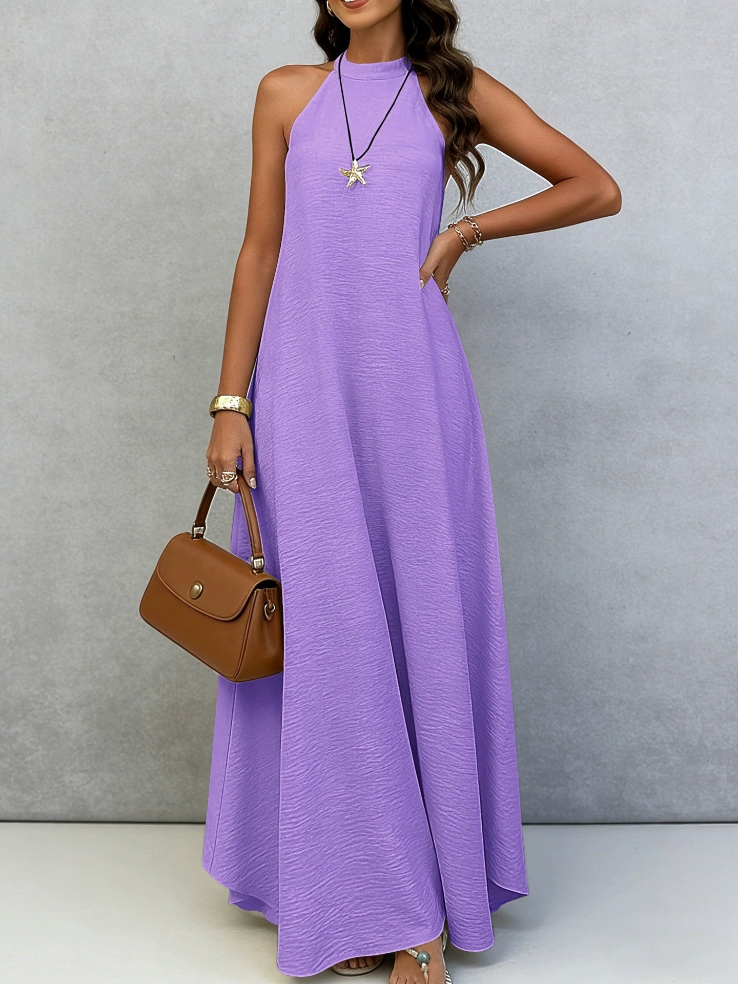 Sleeveless A-Line Midi Dress Solid Color High Waist Casual Elegant