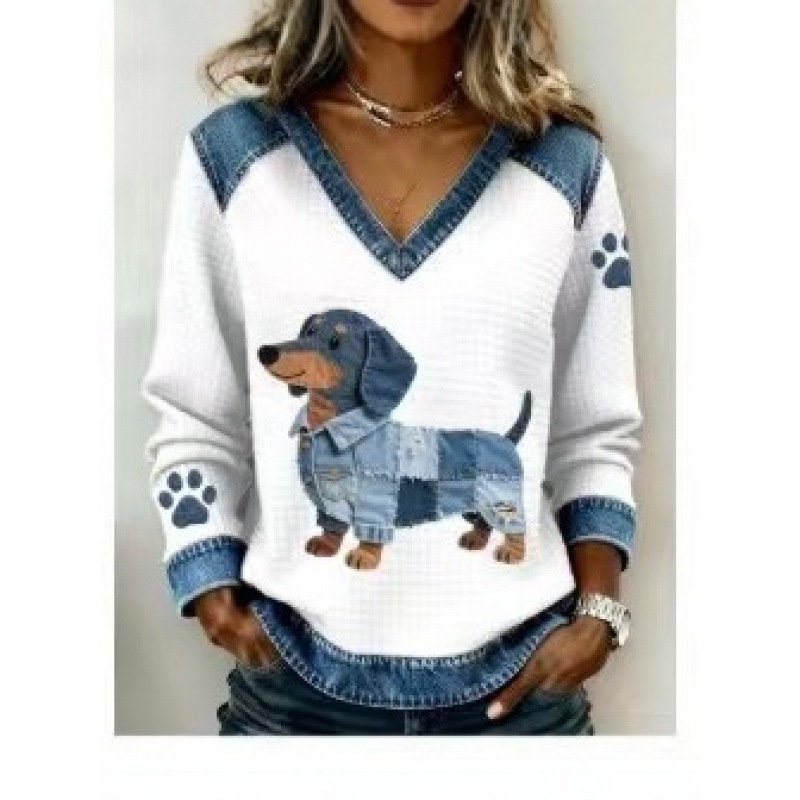 3D Print Colorblock Denim Collar Pullover Sweatshirt Women's Long Sleeve Loose Fit