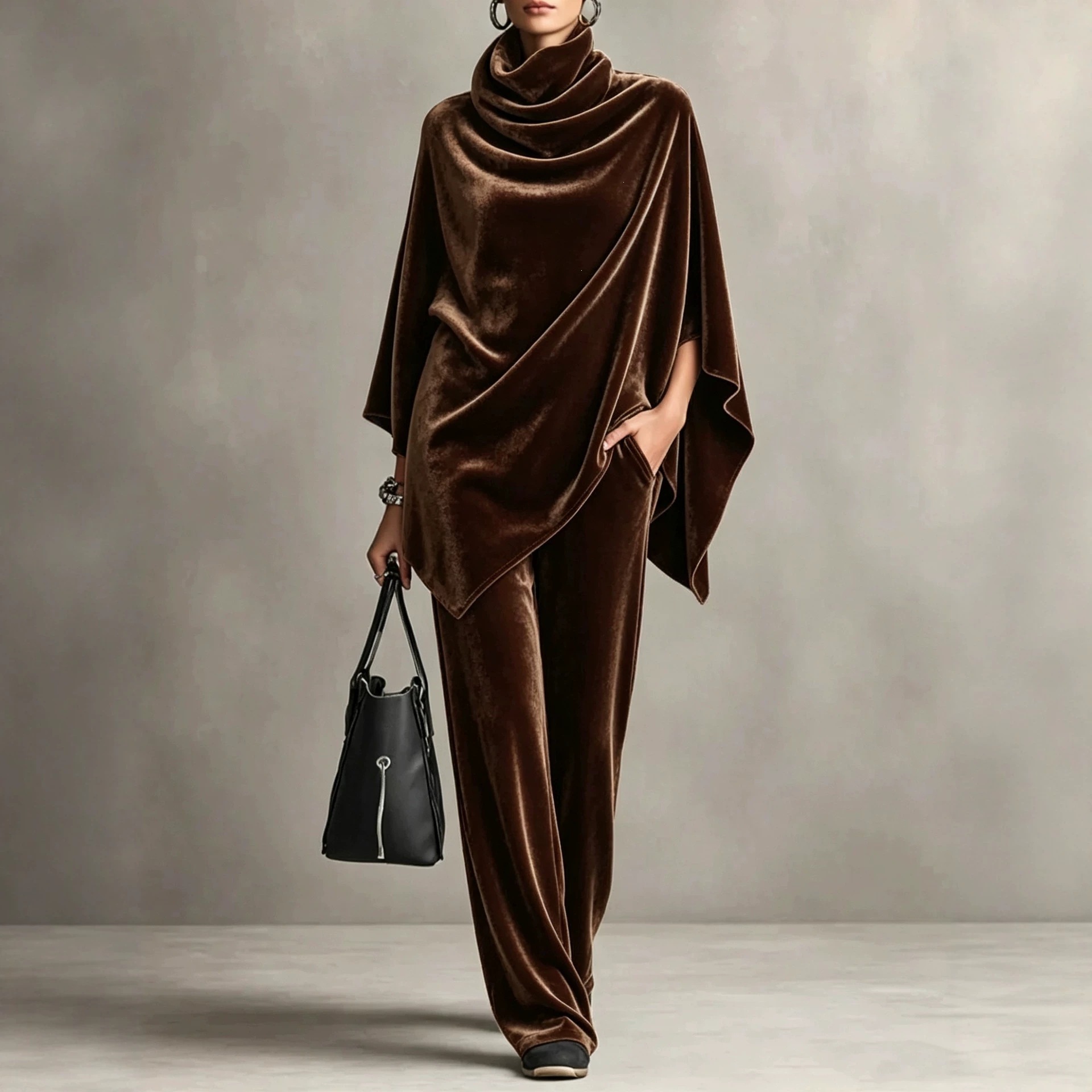 Women's Korean Velvet Cowl Neck Cape Top & Wide-Leg Pants Two-Piece Set
