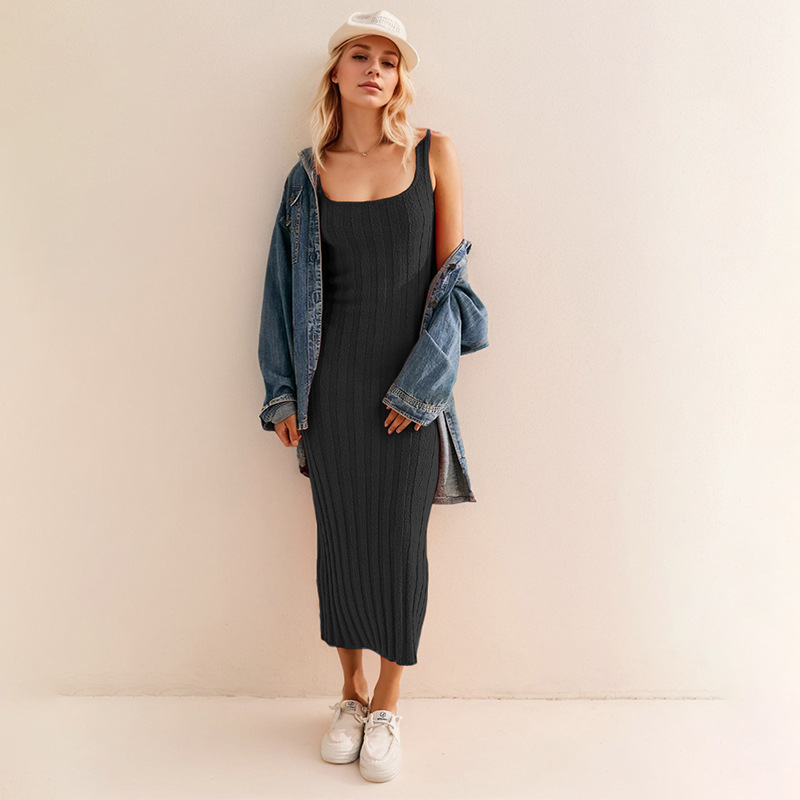 Women's Sleeveless Knit Maxi Dress Solid Color High Waist A-Line
