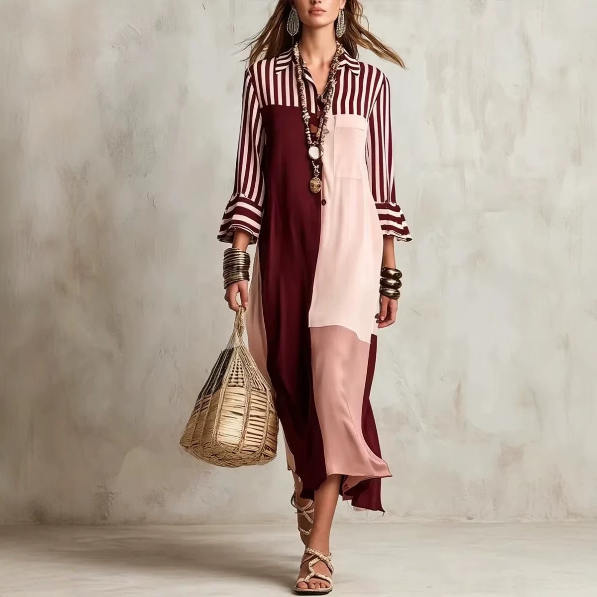 Striped Colorblock V-Neck Shirt Dress with Three-Quarter Sleeves