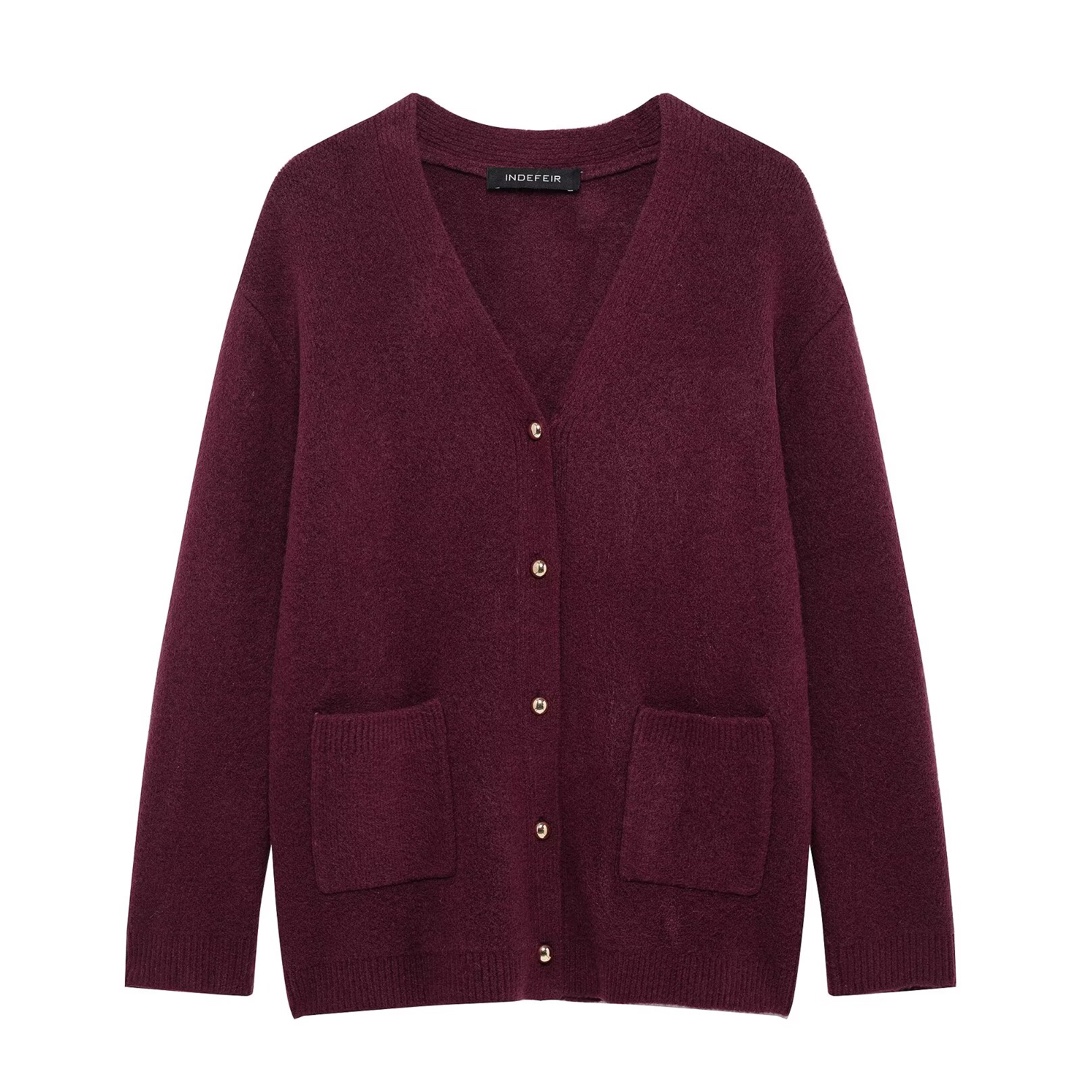 Women's Wine Red Knit Cardigan Sweater Coat