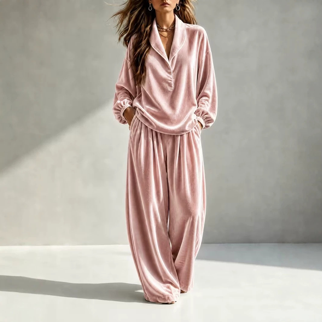 Velvet Long Sleeve Collared Two-Piece Set