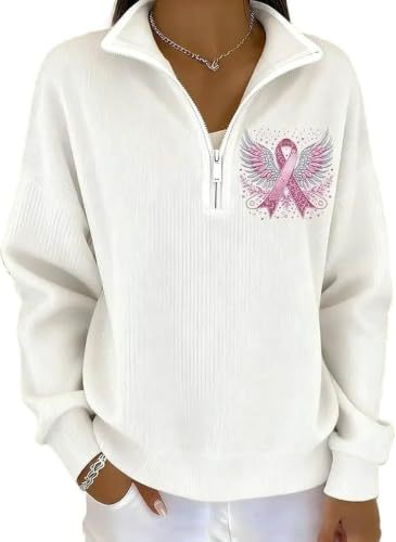 Wing Ribbon Print Half-Zip Stand Collar Hoodie