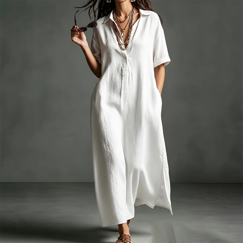 Women's Summer Collared Solid Color A-Line Midi Dress