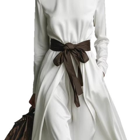 Women's High Neck Long Sleeve Midi Dress with Contrast Belt
