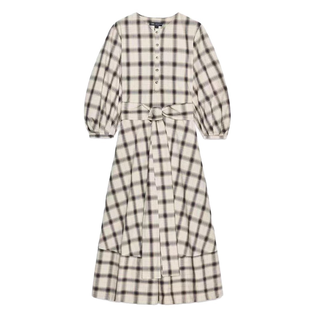 Women's Button-Front Long-Sleeve Belted Plaid Shirt Dress