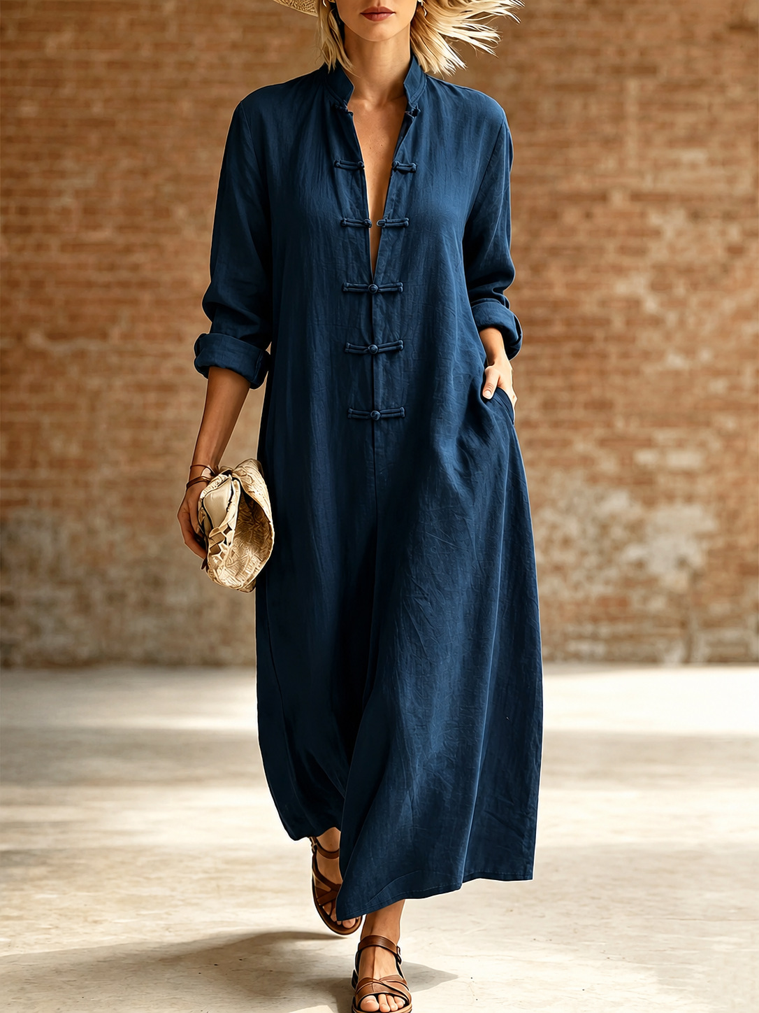 Retro Chinese Frog Button A-Line Dress Long Sleeve Loose Fit