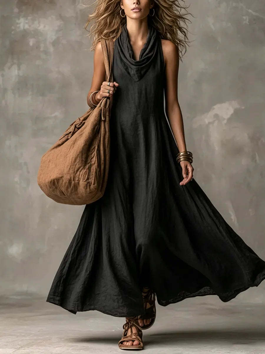 Women's Sleeveless Cowl Neck A-Line Maxi Dress Loose Fit