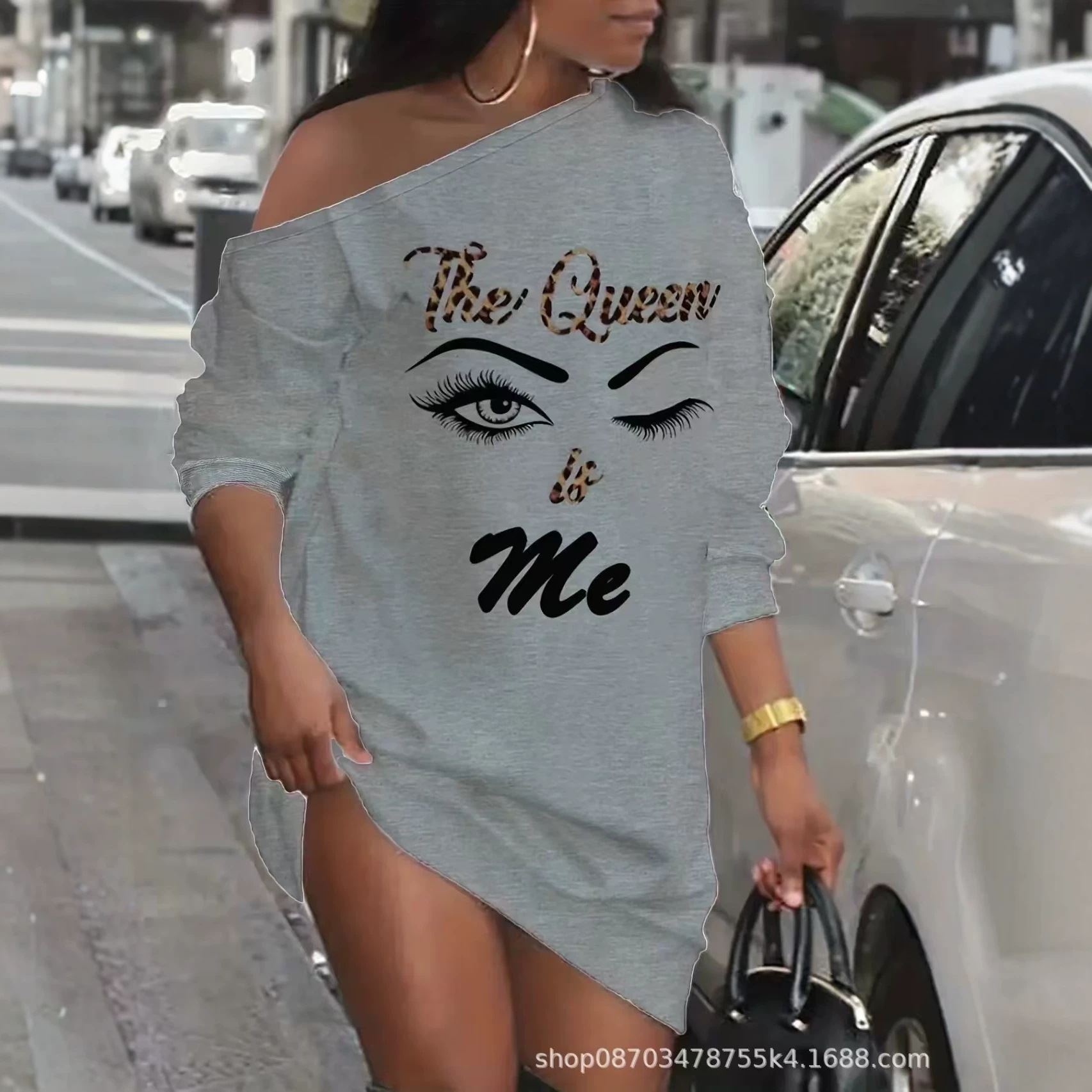 Women's Off-Shoulder Long-Sleeve Sweatshirt Dress with Letter Print