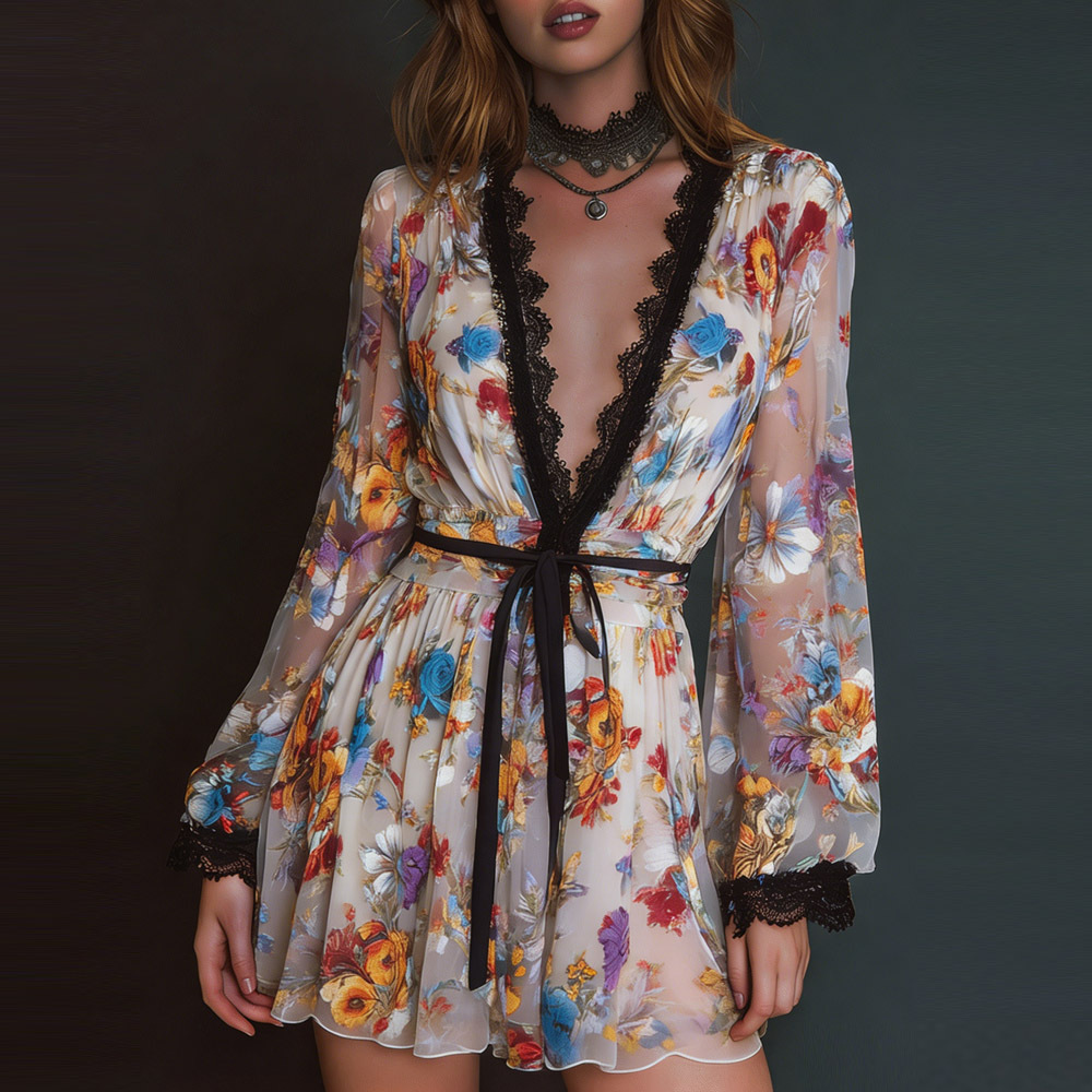 Women's V-Neck Long Sleeve Cinched Waist Organza Dress