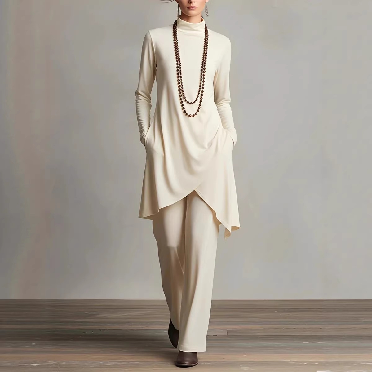 Women's Long-Sleeve T-Shirt and Pants Two-Piece Set, Solid Color