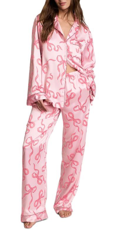 Cuban Collar Bow Ribbon Print Long Sleeve Women's Set