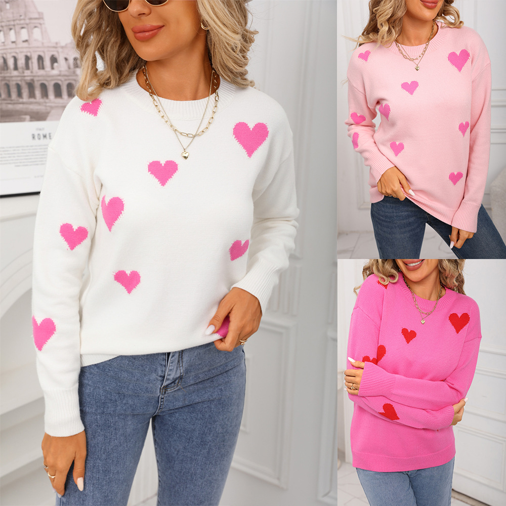 Long Sleeve Heart Embroidered Loose Knit Sweater