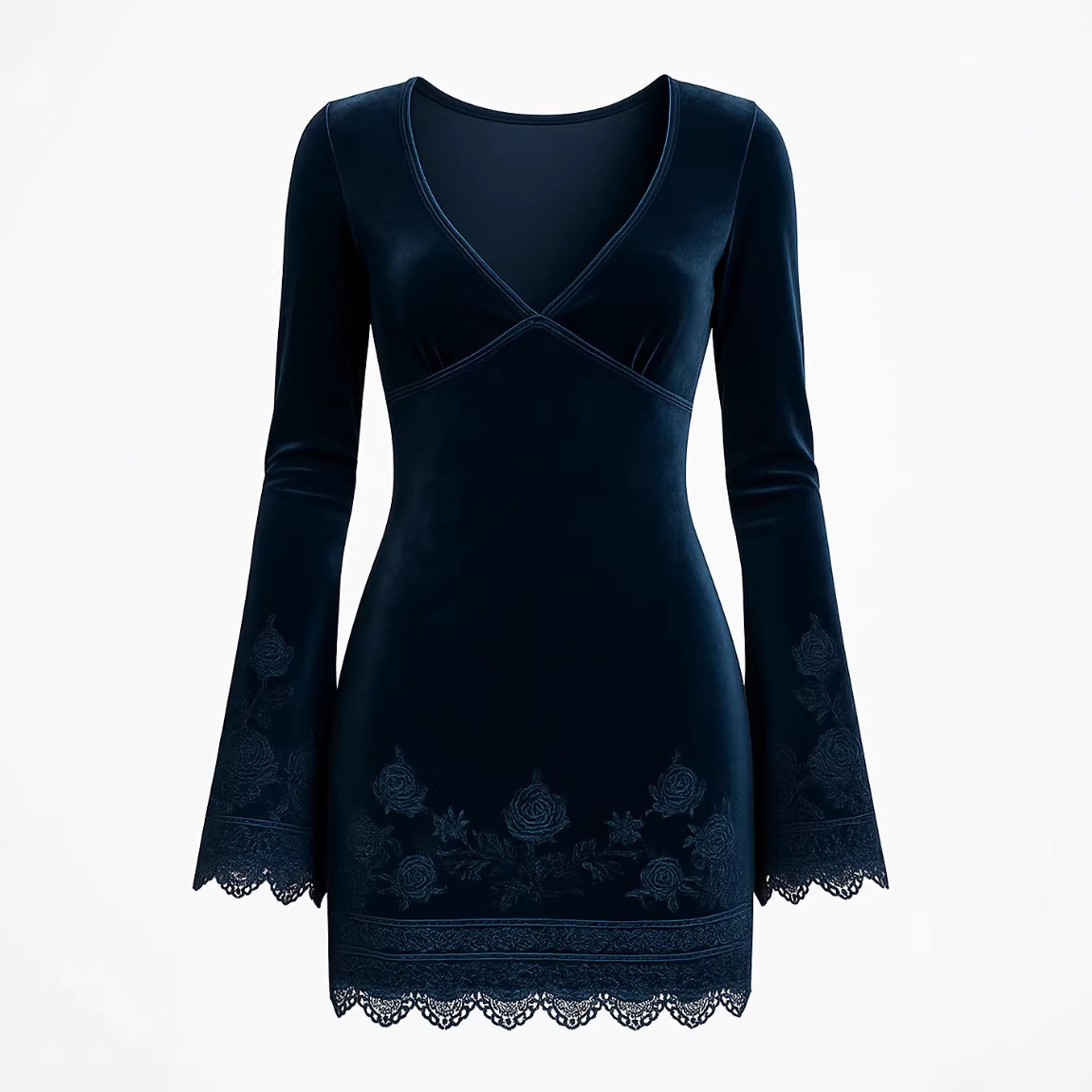 Velvet Lace V-Neck Long-Sleeve Bodycon Mini Dress with Flared Cuffs