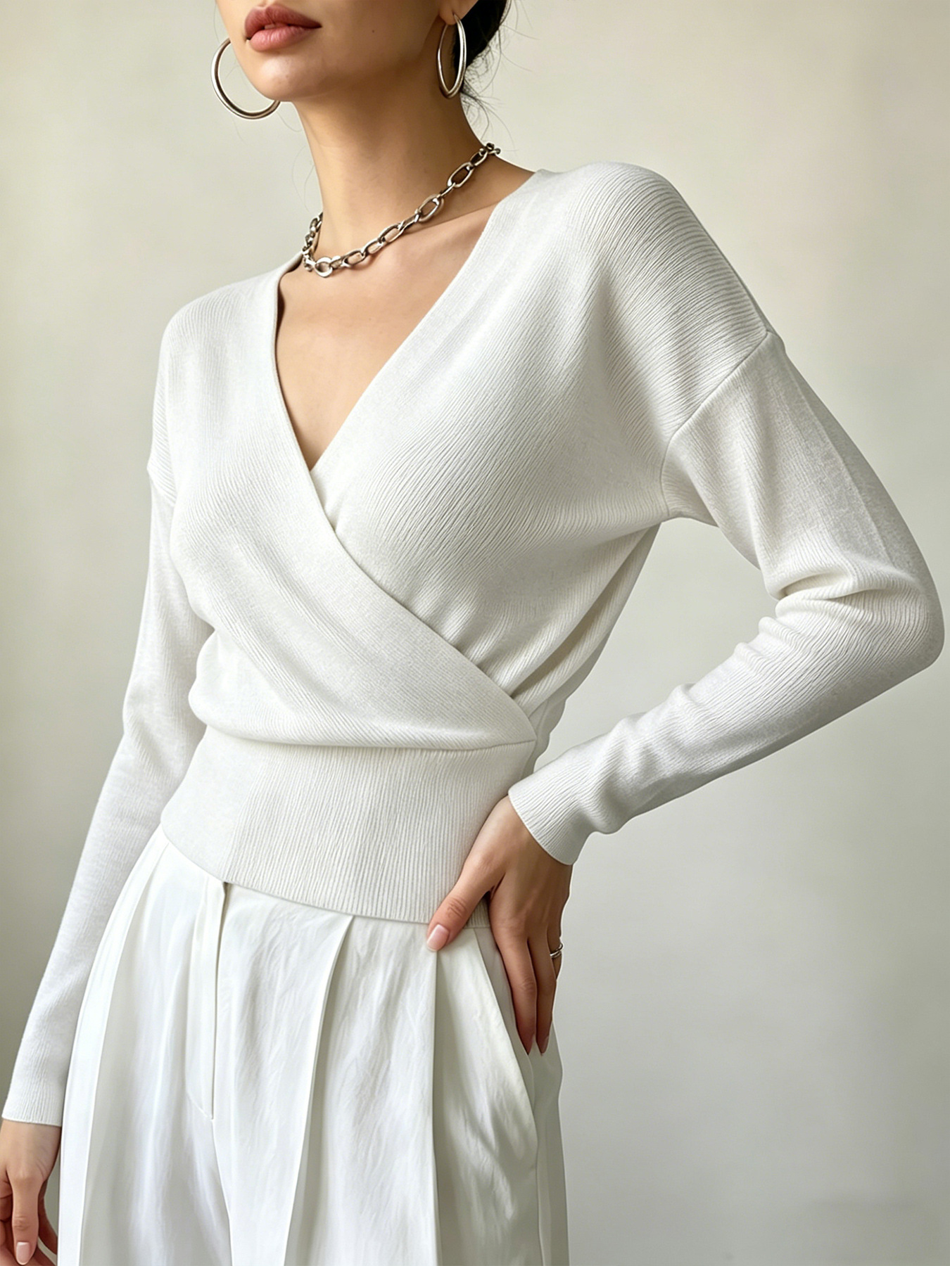 Women's Long Sleeve Cross V-Neck Knit Sweater Slimming Solid Color