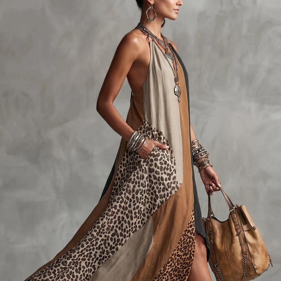 Bohemian Leopard Color-Block Halter Sleeveless Slit Flowy Maxi Dress