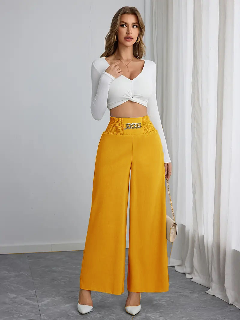 High-Waist Chain Smocked Wide-Leg Pants