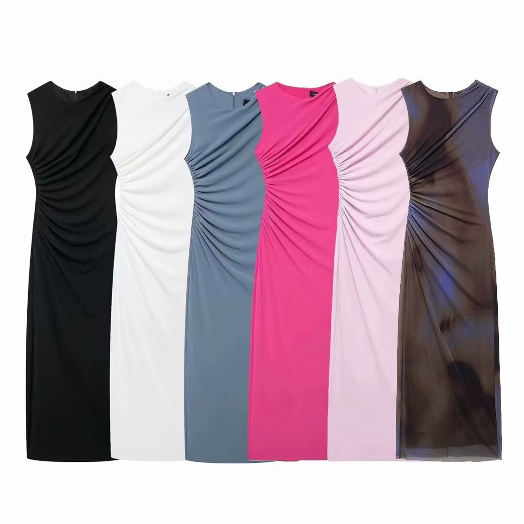 Women's Slim Fit Pleated Midi Dress Sleeveless Round Neck
