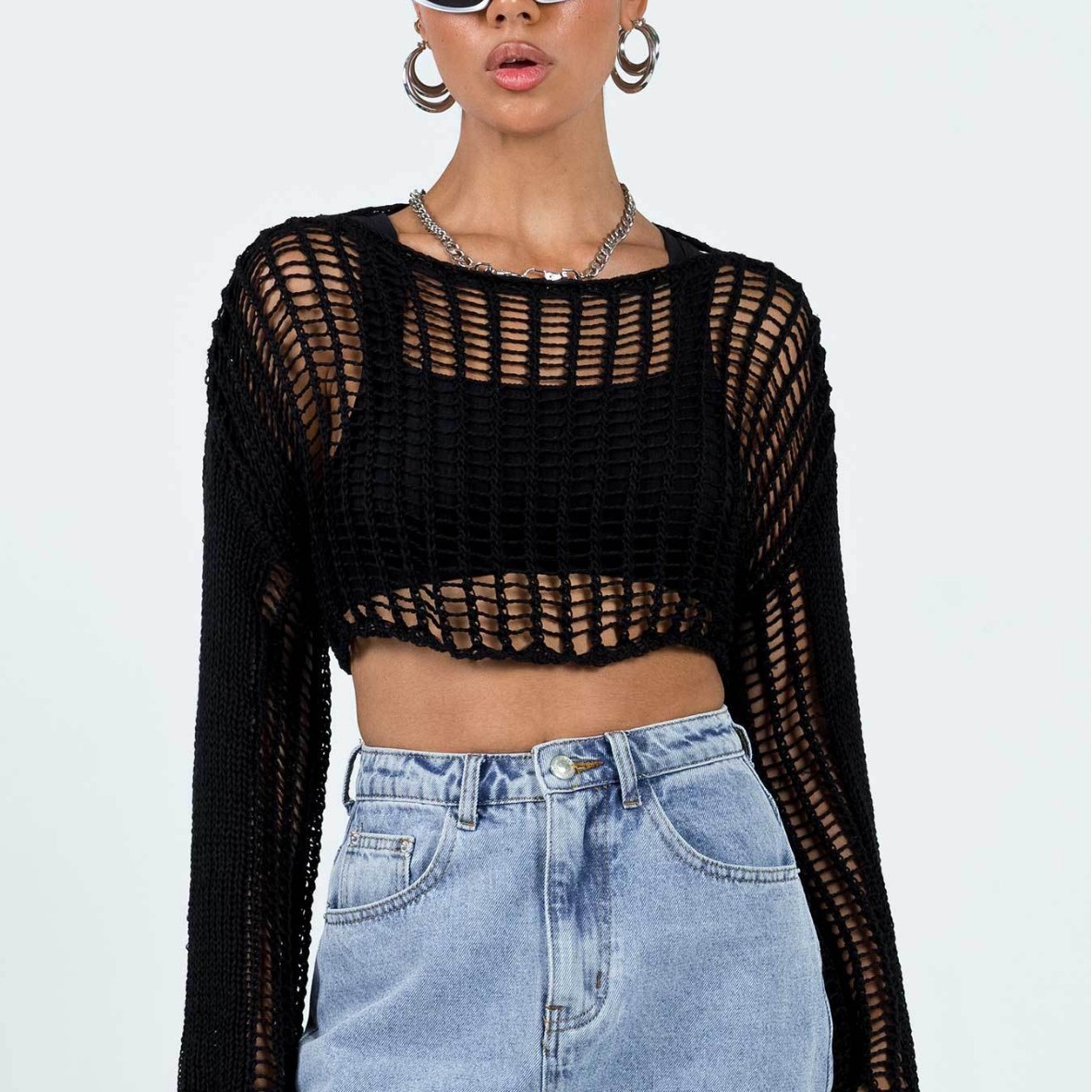 Women's Summer Crewneck Long Sleeve Open Knit Crop Top