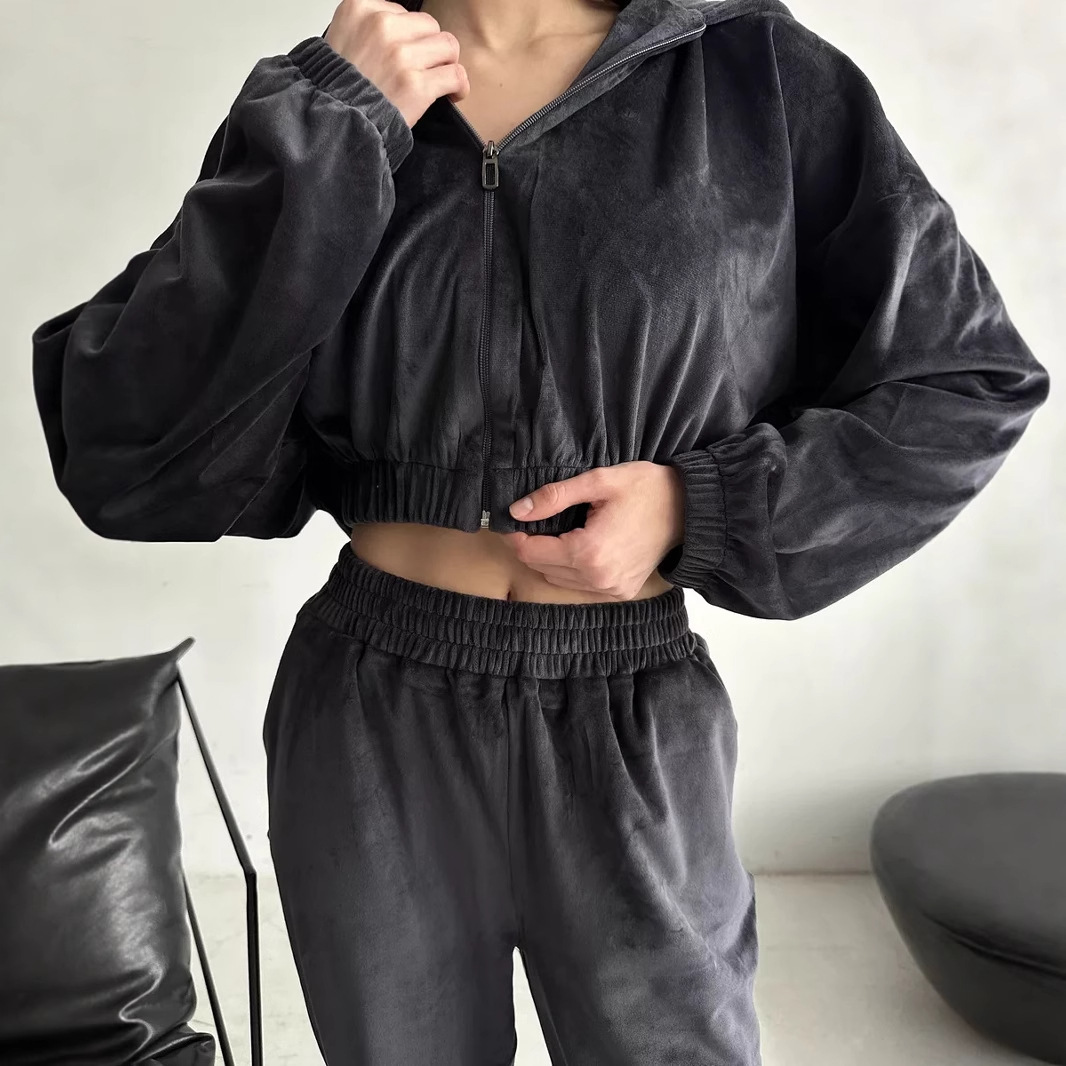 Women's Hooded Zip-Up Sweatsuit 2-Piece Set, Velvet, Long Sleeve
