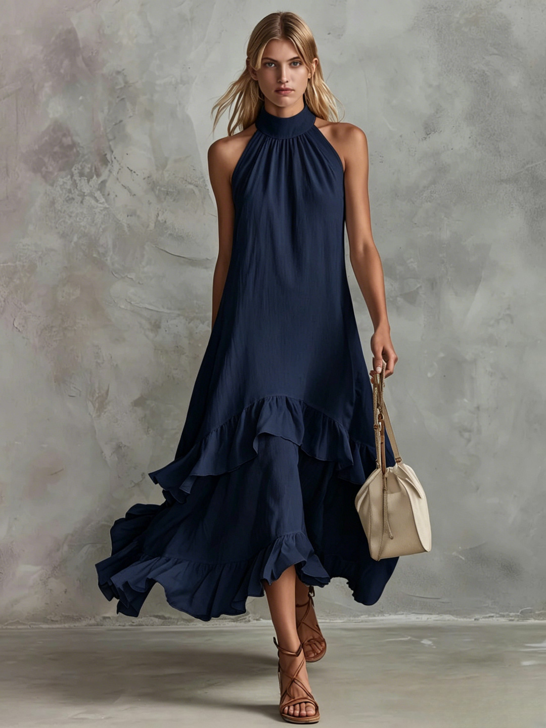 White Sleeveless Ruffle Midi Beach Dress
