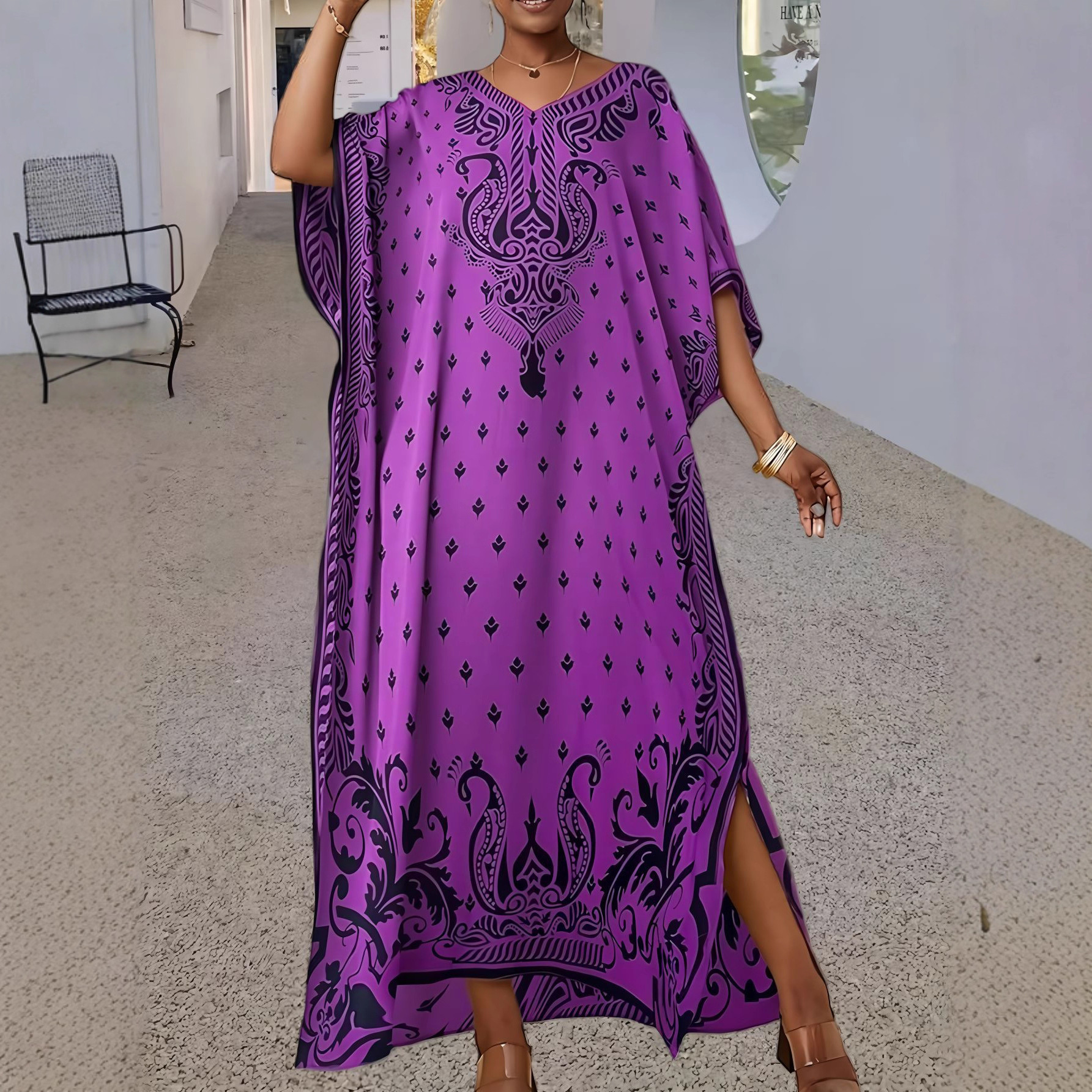 Women's Loose V-Neck Printed Long Sleeve Maxi Robe