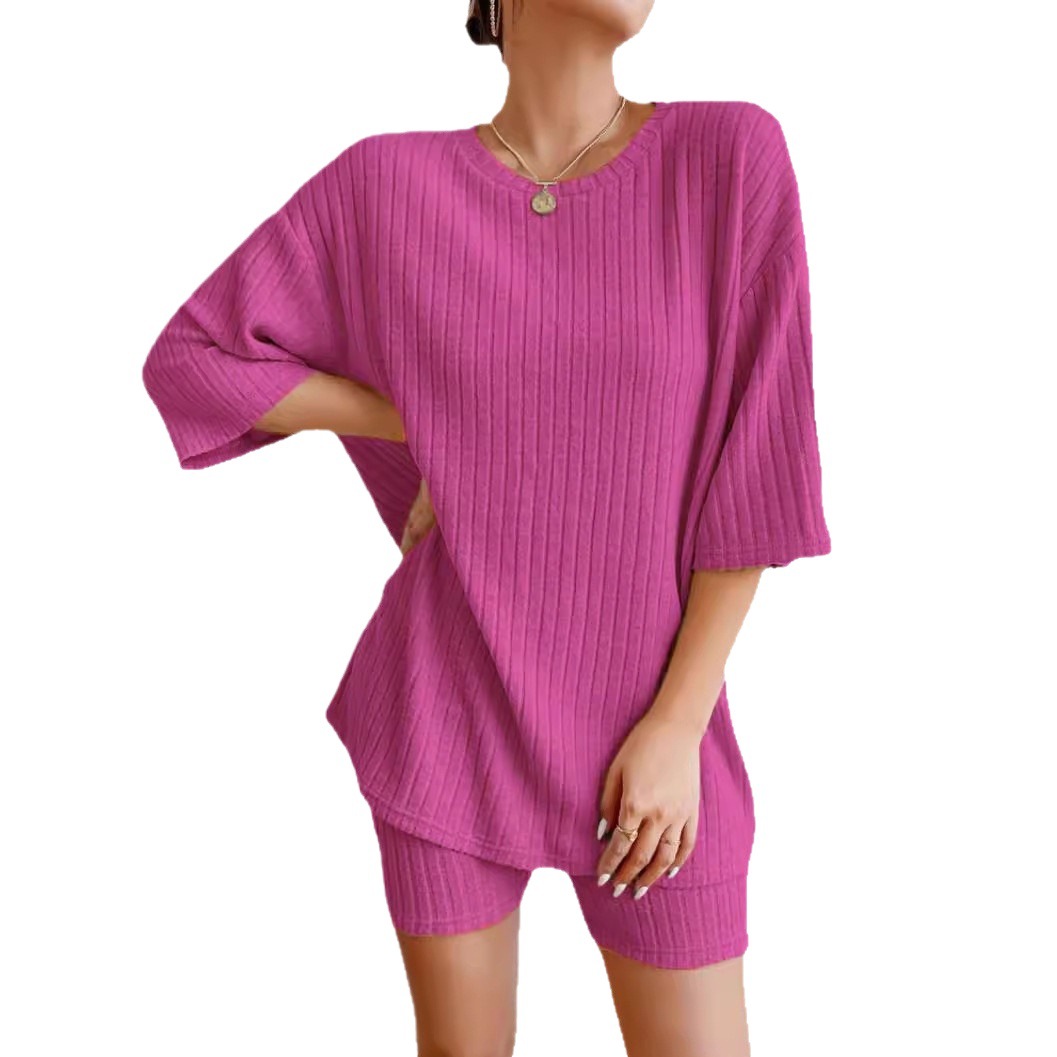 Women's Solid Color Crewneck Loose Shorts Set