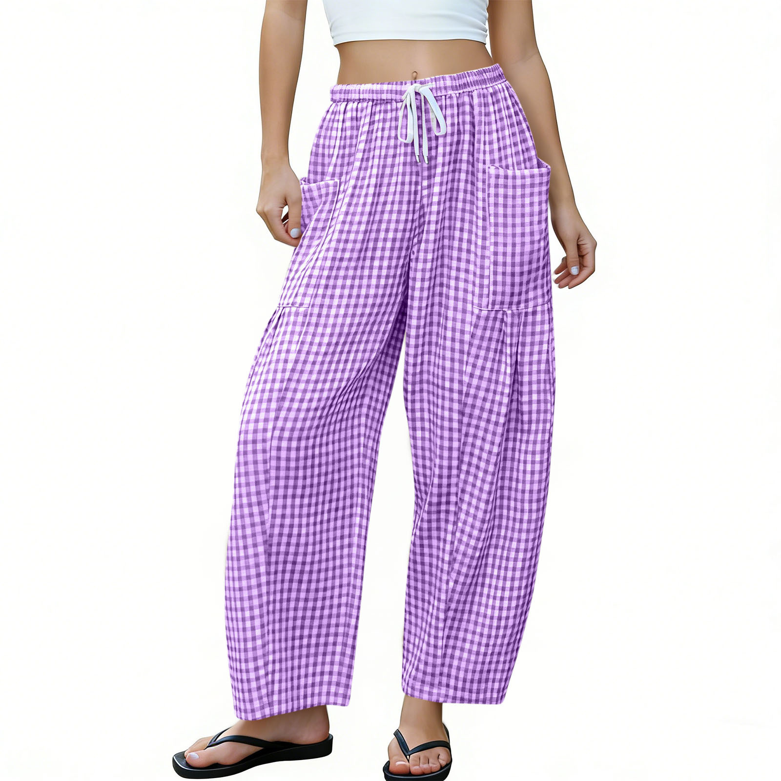 Plaid Wide-Leg Pants for Women High Waist Loose Drapey Floor-Length