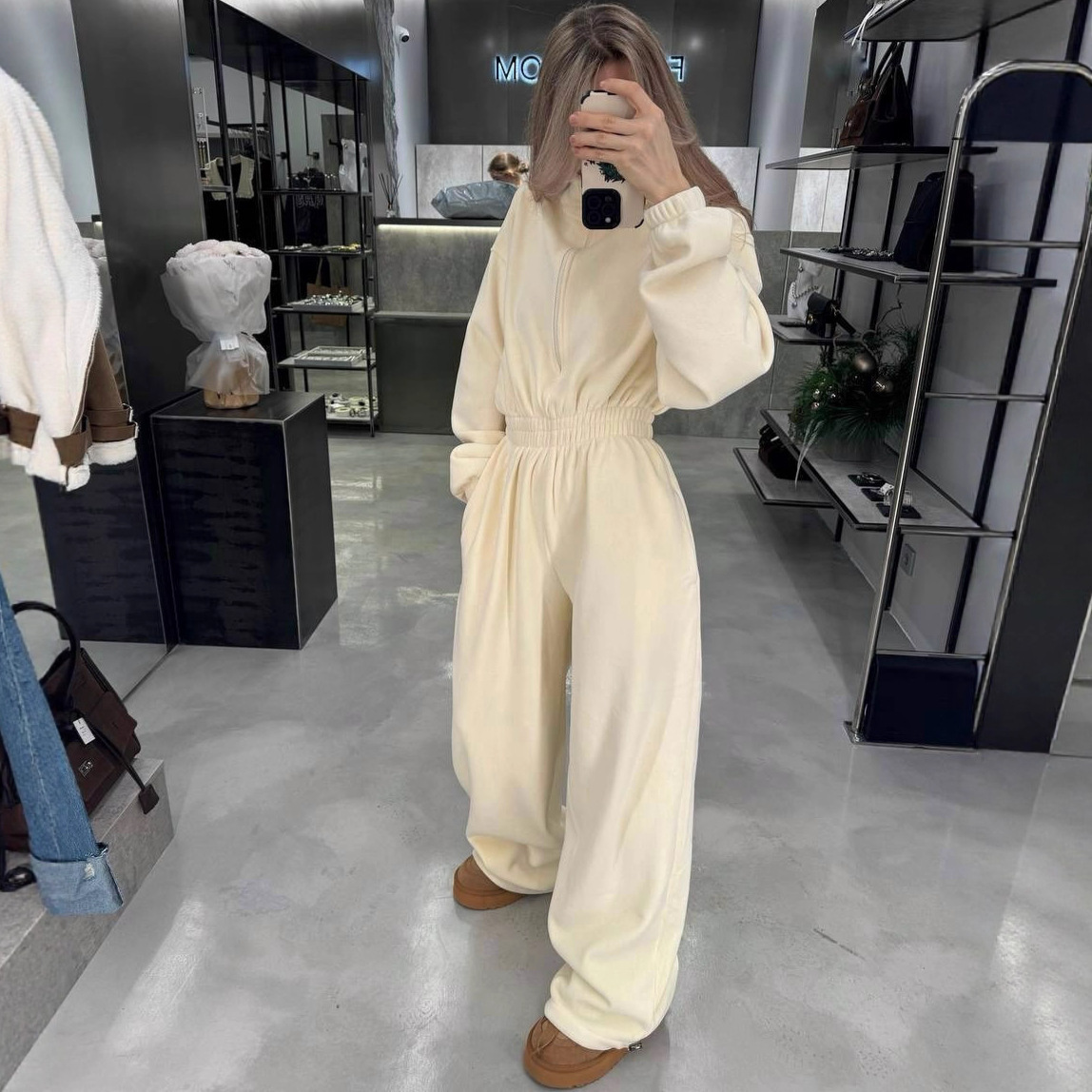 Women's Fleece Zip-Up Jumpsuit with Stand Collar and Wide Legs