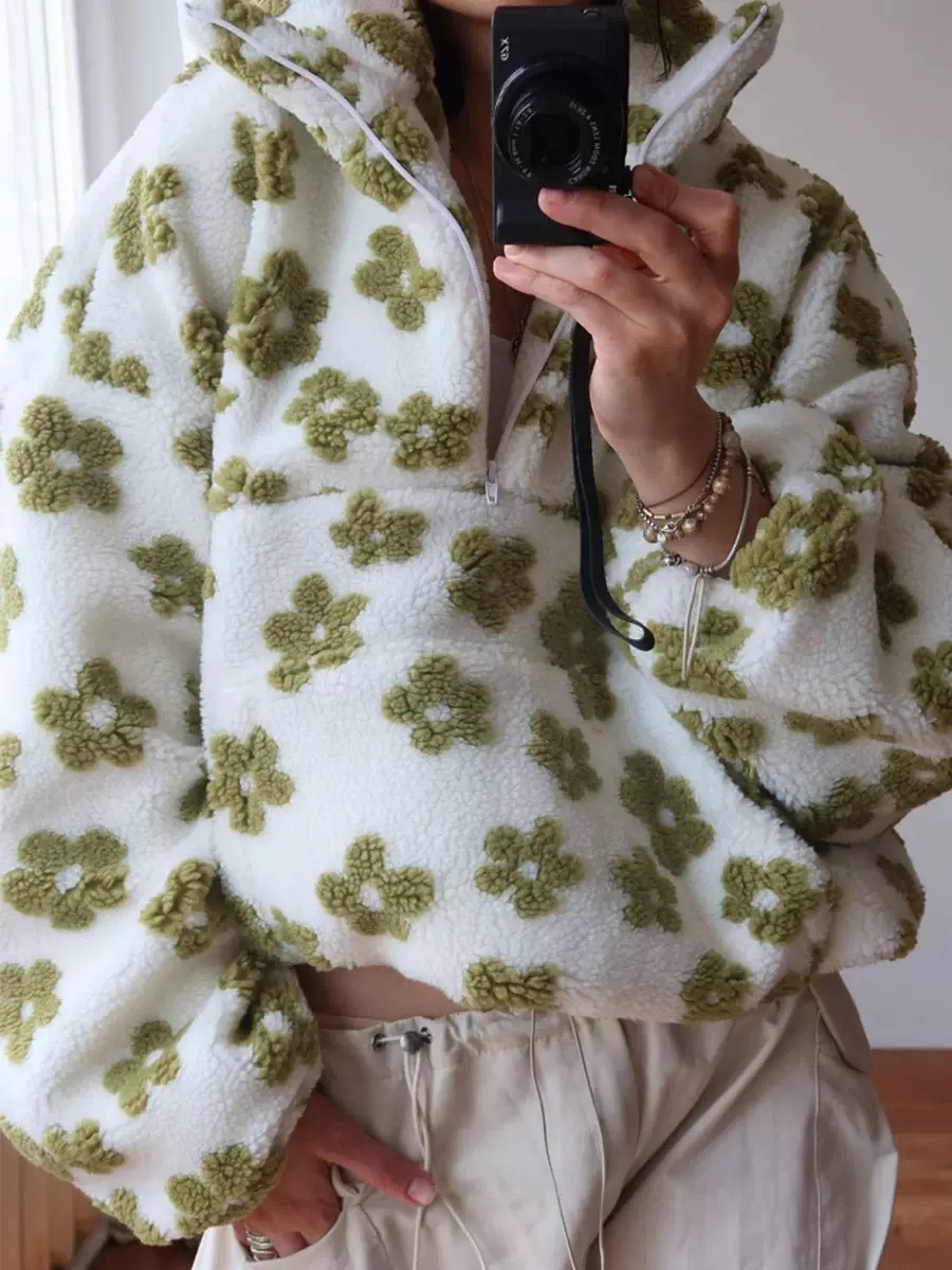 Women's Faux Shearling Floral Print Loose Zip Hoodie Long Sleeve Top