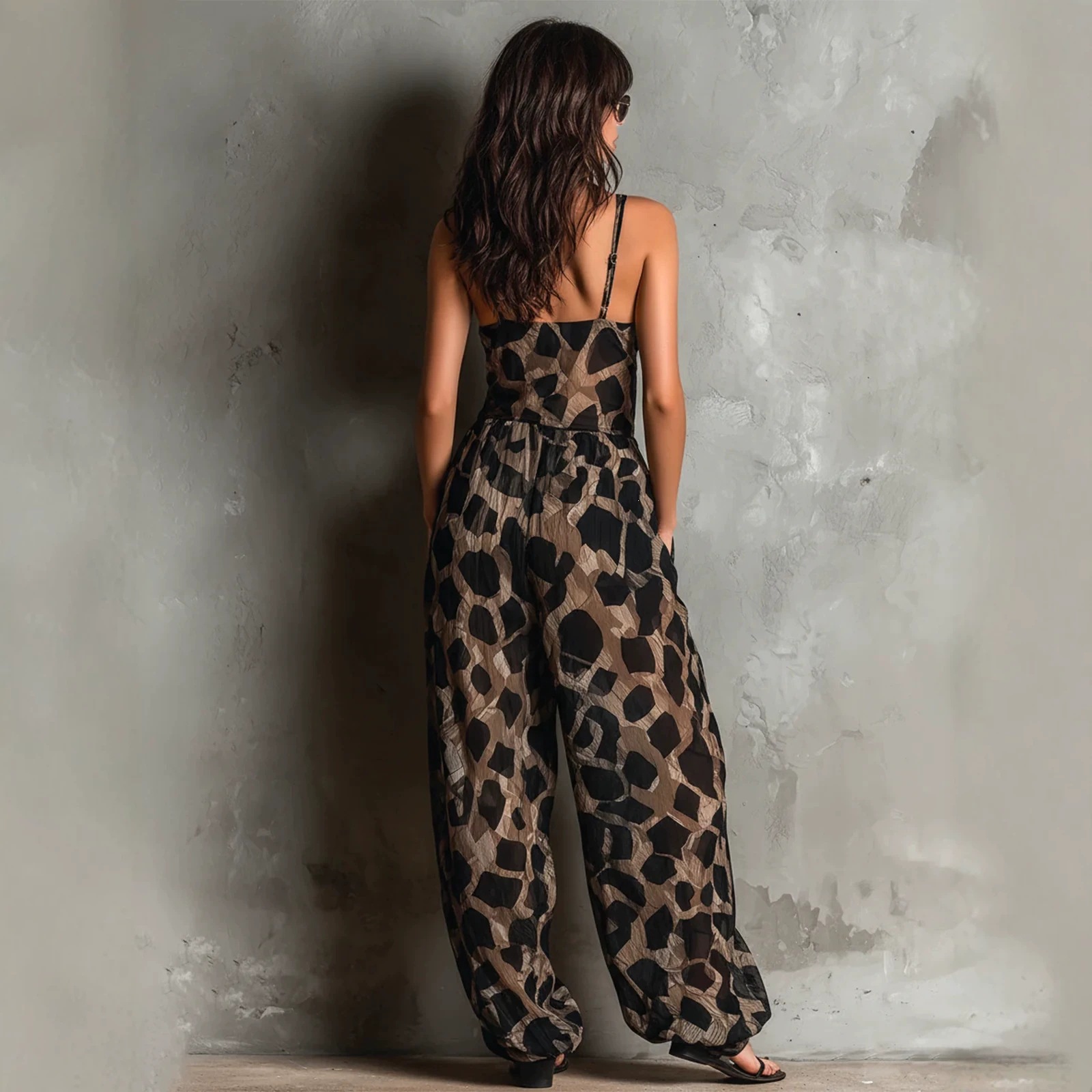 Leopard Print Deep V Twist Strap Wide-Leg Jumpsuit