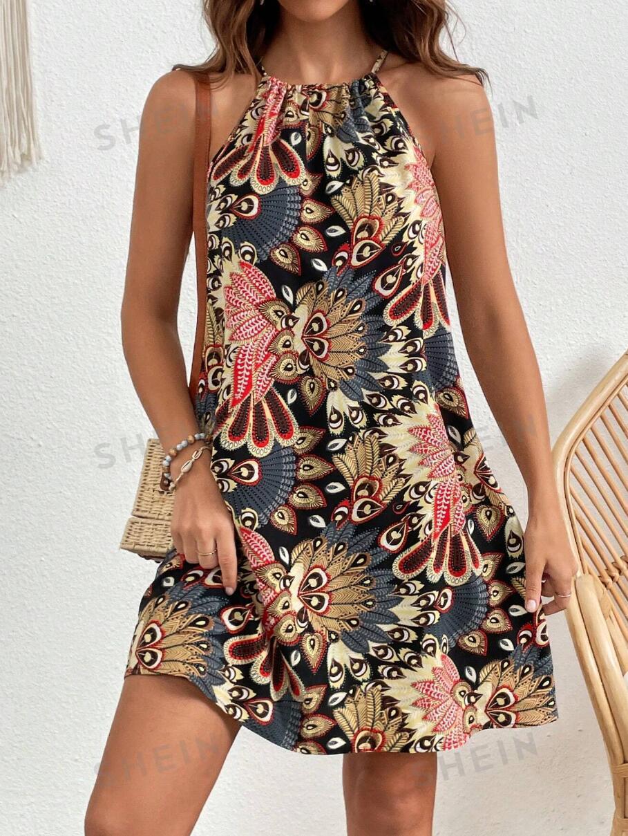 Floral Print Halter Tie-Back Sleeveless Midi Dress