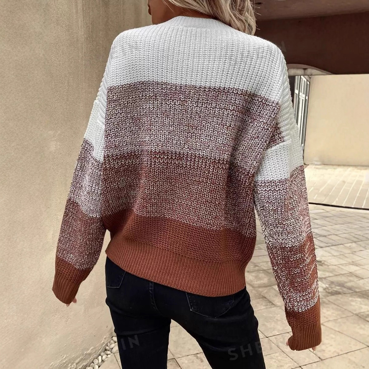 Women's Color-Block Crewneck Knit Sweater Loose Fit Long Sleeve