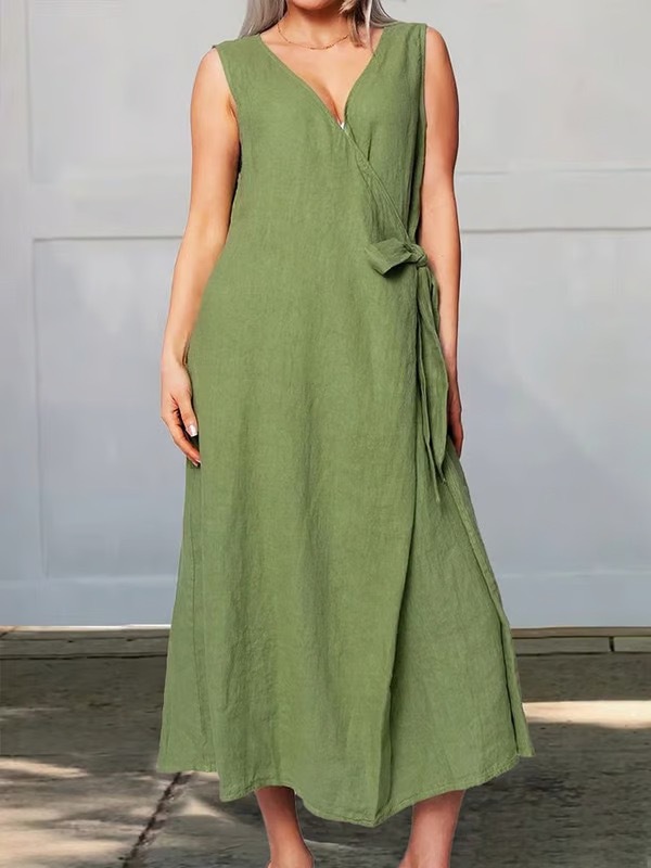 Women's Summer Loose Tie-Front Sleeveless Solid Cotton-Blend Dress