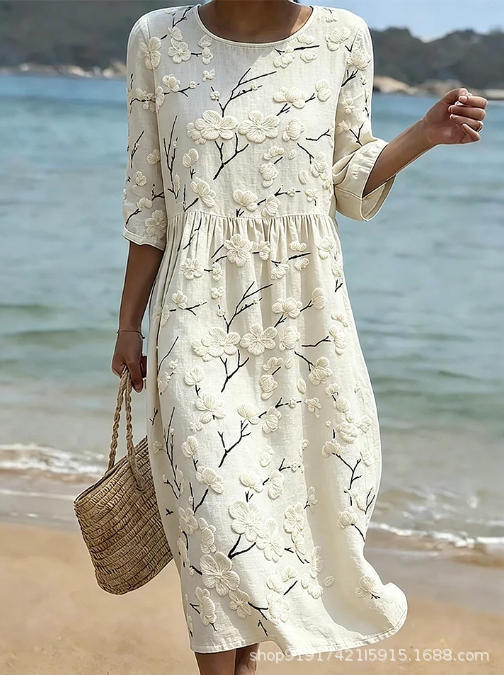 Women's Floral Print Ruched Midi Dress with Half Sleeves