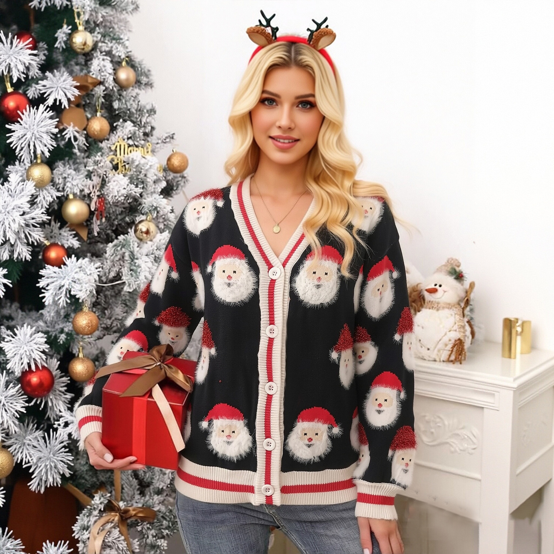 Women's Christmas Santa Jacquard Cardigan Sweater