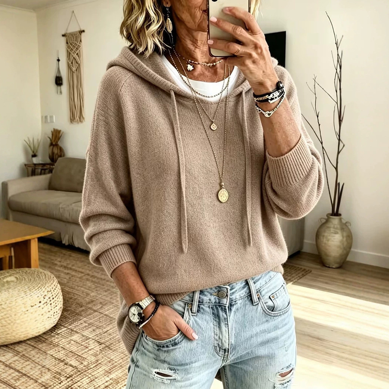 Women's Knit Hooded Drawstring Sweatshirt Loose Fit Pullover