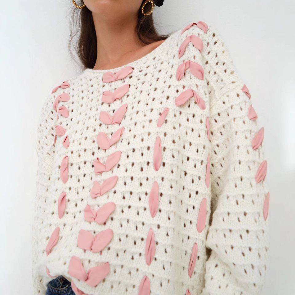 Ribbon-Trim Crewneck Sweet Pullover Sweater