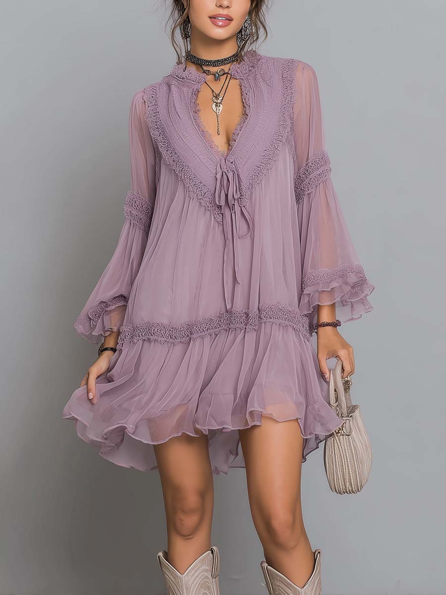 Purple Tie-Front Ruffle Chiffon Dress
