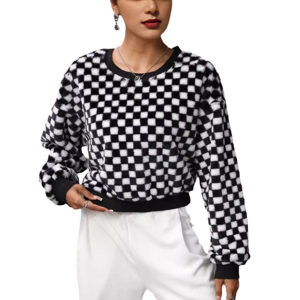 Women's Loose Round Neck Black and White Plaid Long Sleeve Fleece Pullover Hoodie