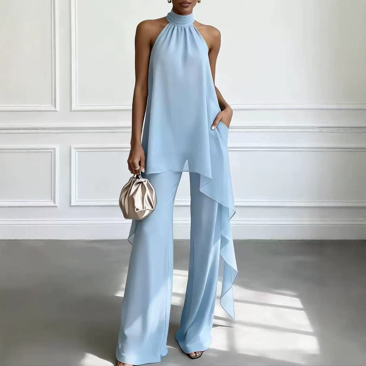 Chiffon Two-Piece Set with Halter Sleeves