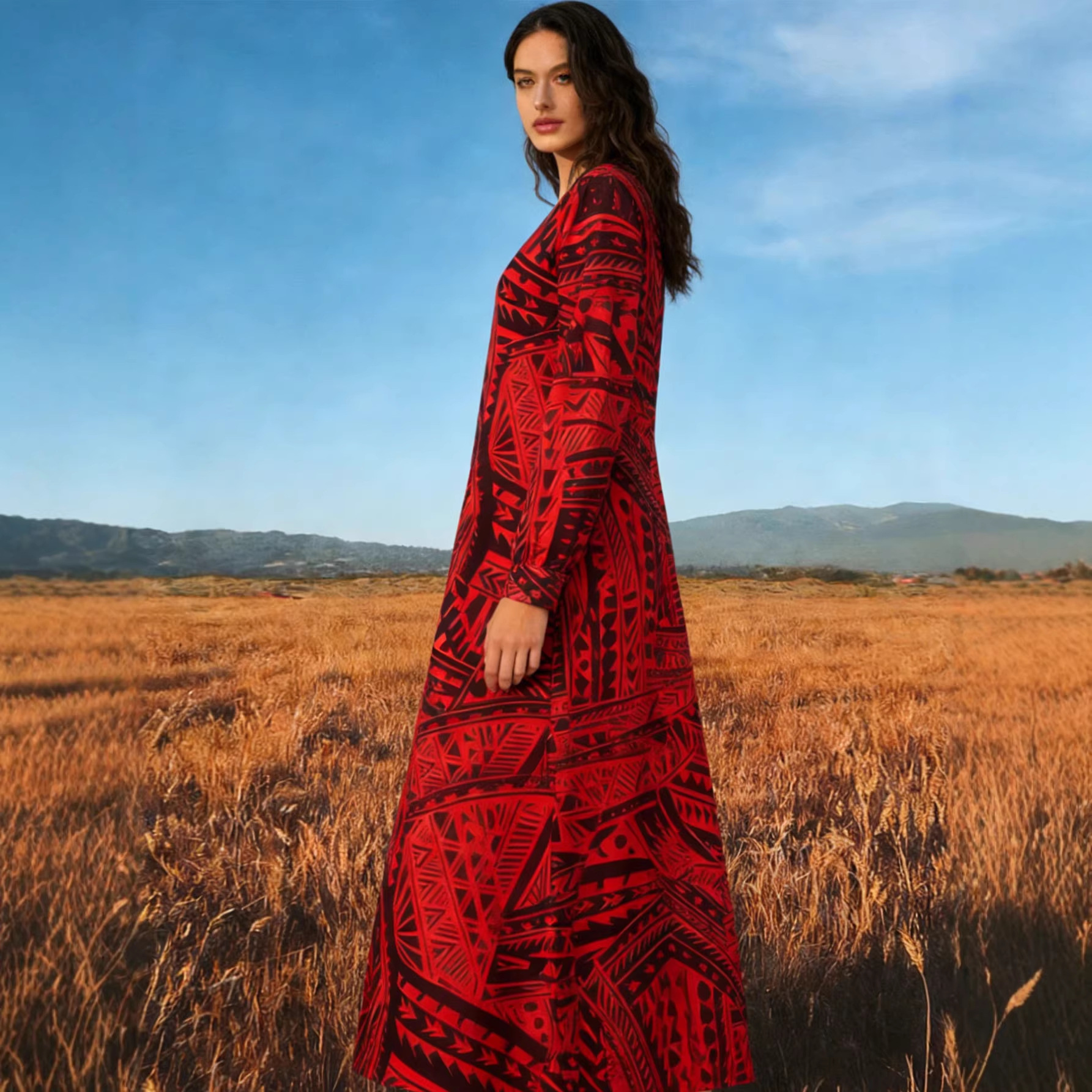 Women's Long Sleeve V-Neck Loose Bohemian Floral Print Maxi Dress