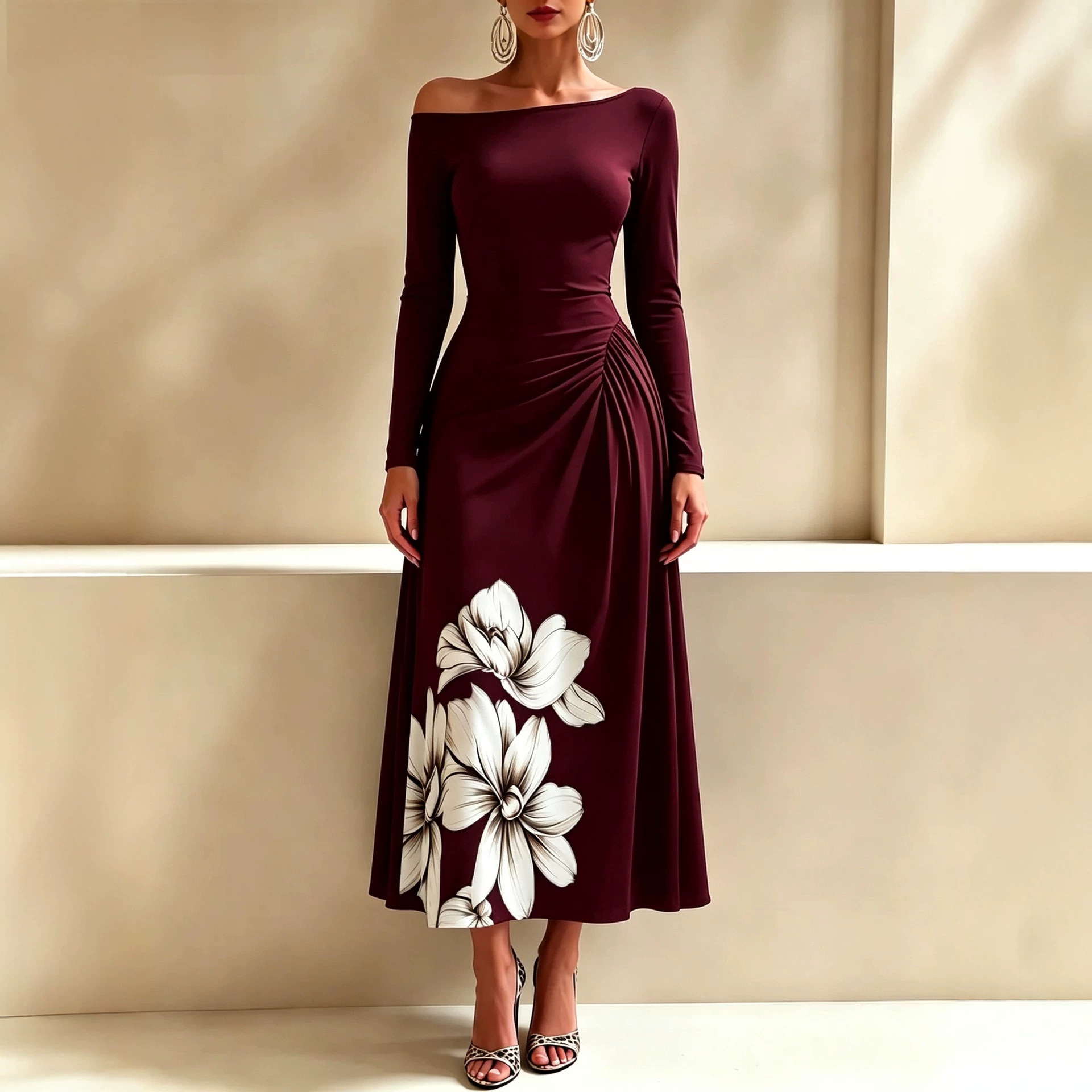 Off-Shoulder Floral Print Maxi Dress with Side Waist Ruching